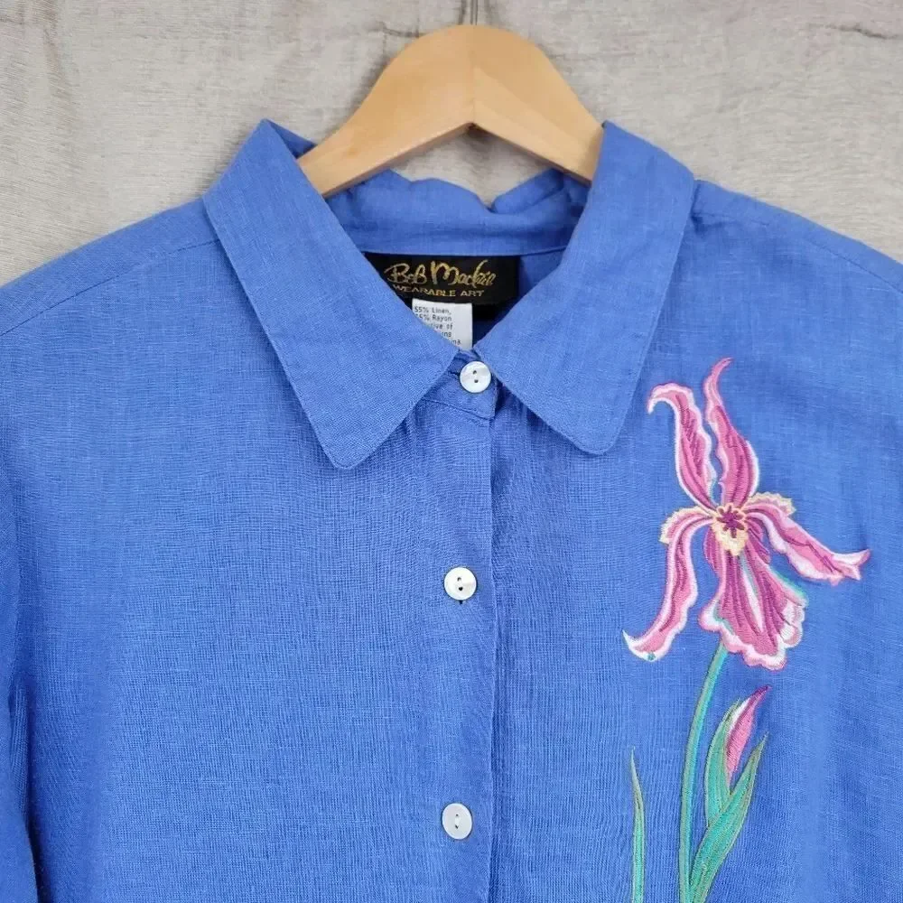 Bob Mackie Linen Blend Vintage Blue Embroidered Top and Matching Cropped Pants